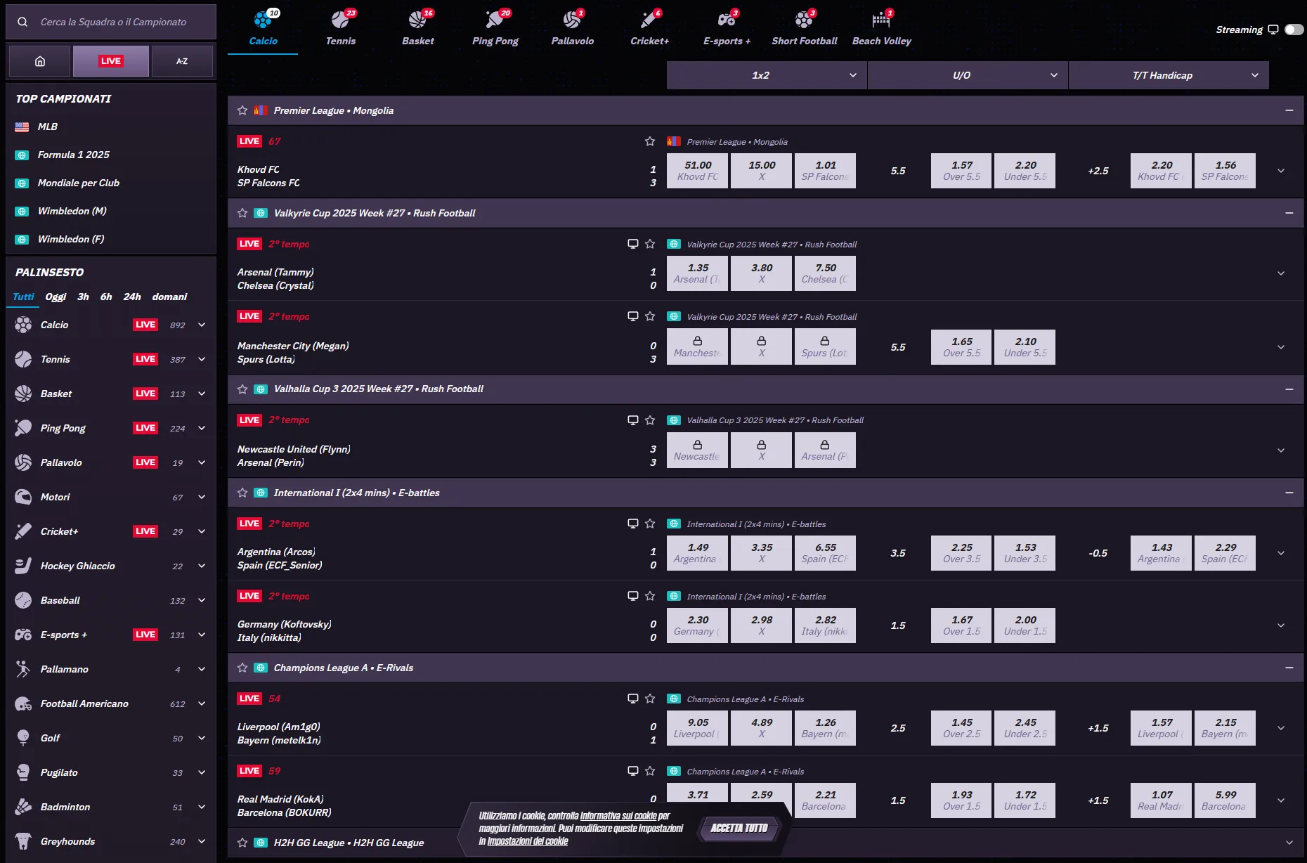 Scommesse sportive live sull'interfaccia mobile di WinRolla